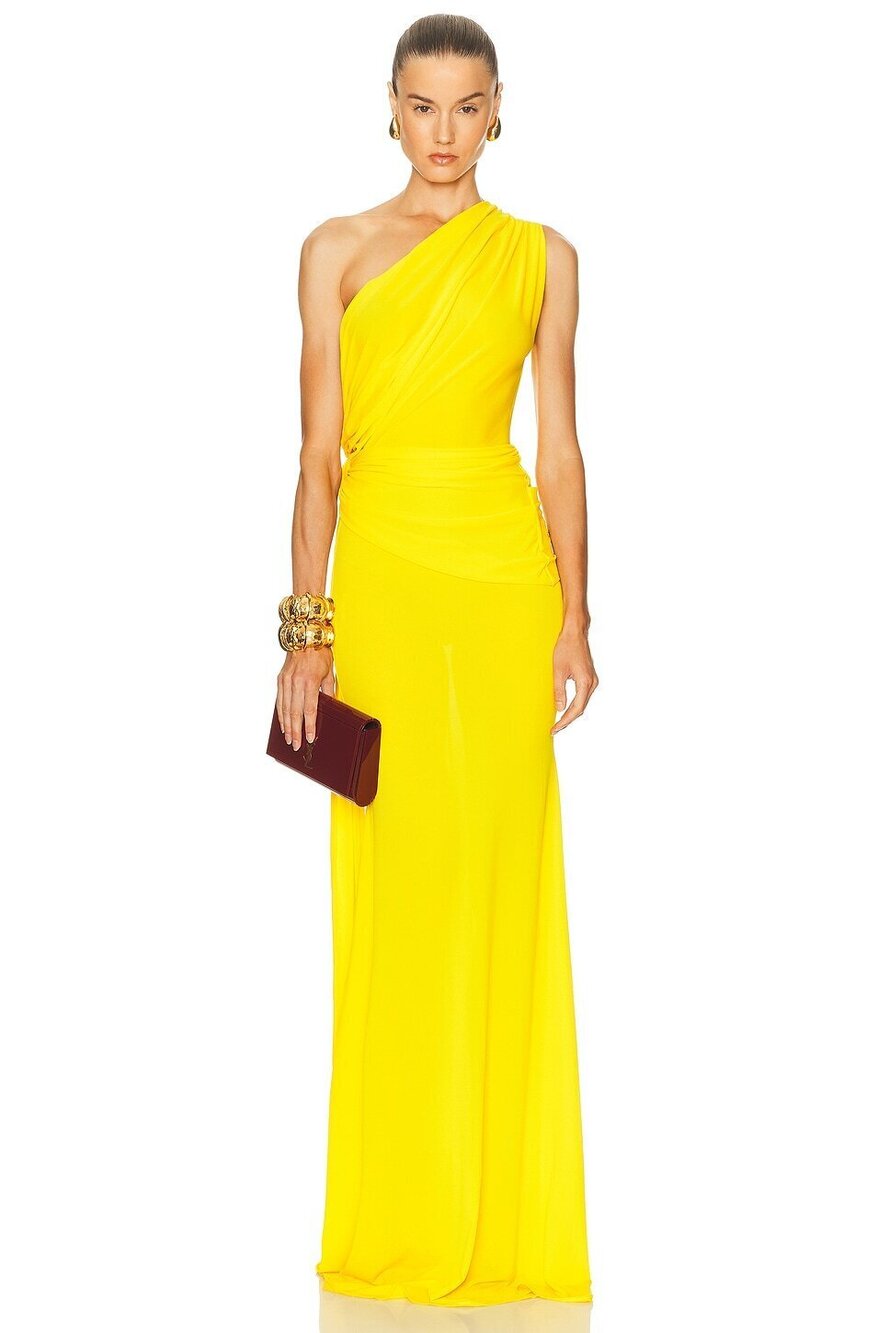 New Alex Perry One Shoulder Drape Gown in Yellow ruched maxi dress